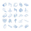 Isometric repair construction work tool and equipment bricks barricade helmet brush shovel saw truck flat style icons