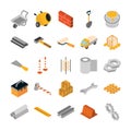 Isometric repair construction work tool and equipment concrete mixer wheelbarrow hammer brush gear tape barricade flat