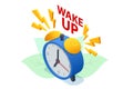 Isometric representation of an alarm clock waking up, with ringing watches accompanied by flashing lightning. Morning