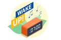 Isometric representation of an alarm clock waking up, with ringing watches accompanied by flashing lightning. Morning