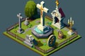 Isometric representation of a Christian religious cemetery, illustrated icon style. Ai generated