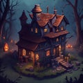 Forest of Frights: Isometric Game Village House at Dusk