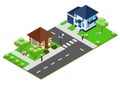 Isometric residential area with people, private houses, trees and crosswalk. Royalty Free Stock Photo