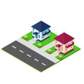 Isometric residential area with private houses and bushes. Royalty Free Stock Photo