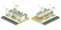 Isometric Residential Five Storey Building with Solar Panels with Wind Turbines. Green Eco Friendly House. Infographic Element Royalty Free Stock Photo
