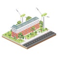 Isometric Residential Five Storey Building with Solar Panels with Wind Turbines. Green Eco Friendly House. Infographic Element. Royalty Free Stock Photo