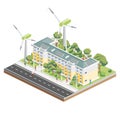 Isometric Residential Five Storey Building with Solar Panels with Wind Turbines. Green Eco Friendly House. Infographic Element. Royalty Free Stock Photo