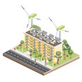 Isometric Residential Five Storey Building with Solar Panels and Wind Turbines. Green Eco Friendly House. Infographic Element. Royalty Free Stock Photo