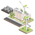 Isometric residential five storey building with solar panels and wind turbines. Green eco friendly house. Infographic element. Royalty Free Stock Photo