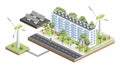 Isometric residential six storey building with people, road and trees. Infographic element. Solar panels and wind turbines. Green Royalty Free Stock Photo