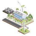 Isometric residential two storey building with solar panels and wind turbines. Green eco friendly house. Infographic element. Royalty Free Stock Photo