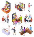 Isometric restaurant. Waiters and people eating lunch at tables in cafe bar restaurant. 3d vector characters set