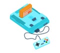 Isometric retro video game console with controller. Blue gaming machine with cartridge. Nostalgic video game system Royalty Free Stock Photo
