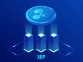 Isometric Ripple Coin XRP Cryptocurrency mining farm. Blockchain technology, cryptocurrency and a digital payment