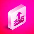 Isometric Rise in water level icon isolated on pink background. Silver square button. Vector