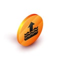 Isometric Rise in water level icon isolated on white background. Orange circle button. Vector