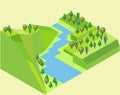 Isometric river land with a river feature grass, trees, river and ground Royalty Free Stock Photo