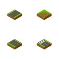 Isometric Road Set Of Sand, Strip, Single-Lane Vector Objects. Also Includes Road, Turn, Pedestrian Elements.