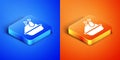 Isometric Roasted turkey or chicken icon isolated on blue and orange background. Square button. Vector