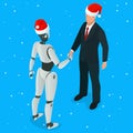 Isometric robot with Ai or artificial intelligence handshake with human concept. Symbol of future cooperation and Royalty Free Stock Photo