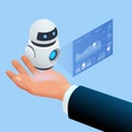 Isometric robot analyzes the database. Artificial intelligence working for big data analysis. Data analysis artificial Royalty Free Stock Photo