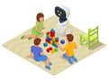 Isometric Robot Baby Sitter Playing Cubes With Children. Robot nanny and kids playing educational toys at kindergarten