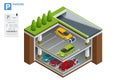 Isometric robot valet parking cars. Outdoor valet parking robot. Automated parking systems for cars Underground parking