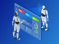 Isometric robot working with digital display. Robot program another robot Royalty Free Stock Photo