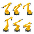 Isometric robotic arm, hand, industrial robot flat vector icons set. Robotics Industry Insights. Automotive and Royalty Free Stock Photo