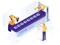 Isometric robotic factory. Engineer operates robotic conveyor, automatic robot arm and industrial manufacture vector illustration