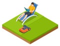 Isometric Robotic lawn mower on grass, trimmer robot Royalty Free Stock Photo