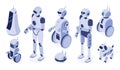 Isometric robots. Digital robotic machines, futuristic android development and 3d robot character vector illustration set