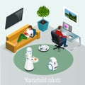 Isometric robots housework and technology concept. Woman with tablet and man with pc computer and robots at home