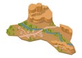 Isometric rock mountain with lake, river and house