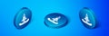 Isometric Rocket icon isolated on blue background. Blue circle button. Vector Royalty Free Stock Photo