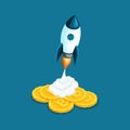 Isometric rocket launch, the concept of creating a business on cryptocurrency mining, startup project vector illustration Royalty Free Stock Photo