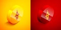 Isometric Rocket ship icon isolated on orange and red background. Space travel. Circle button. Vector Royalty Free Stock Photo