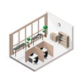 Isometric modern office room with white brick walls with a wall clock and several clear glass windows.