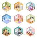 Isometric rooms. Designed house, living room kitchen bathroom bedroom toilet apartment interior with furniture 3d vector