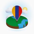 Isometric round map of Armenia and point marker with flag of Armenia. Cloud and sun on background