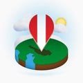 Isometric round map of Austria and point marker with flag of Austria. Cloud and sun on background