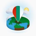 Isometric round map of Bulgaria and point marker with flag of Bulgaria. Cloud and sun on background