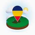 Isometric round map of Chad and point marker with flag of Chad. Cloud and sun on background Royalty Free Stock Photo