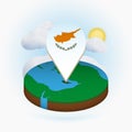 Isometric round map of Cyprus and point marker with flag of Cyprus. Cloud and sun on background