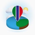 Isometric round map of Gambia and point marker with flag of Gambia. Cloud and sun on background