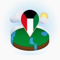Isometric round map of Kuwait and point marker with flag of Kuwait. Cloud and sun on background