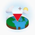 Isometric round map of Malta and point marker with flag of Malta. Cloud and sun on background