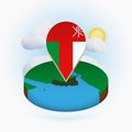 Isometric round map of Oman and point marker with flag of Oman. Cloud and sun on background