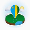 Isometric round map of Rwanda and point marker with flag of Rwanda. Cloud and sun on background