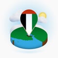 Isometric round map of United Arab Emirates and point marker with flag of UAE. Cloud and sun on background